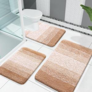 OLANLY Bathroom Rugs Sets 3 Piece, Soft Absorbent Microfiber Bath Mats and U-Shaped Contour Toilet Rug, Plush Shaggy Bath Mat Set for Bathroom (30"x20"+24"x16"+24"x20", Beige)