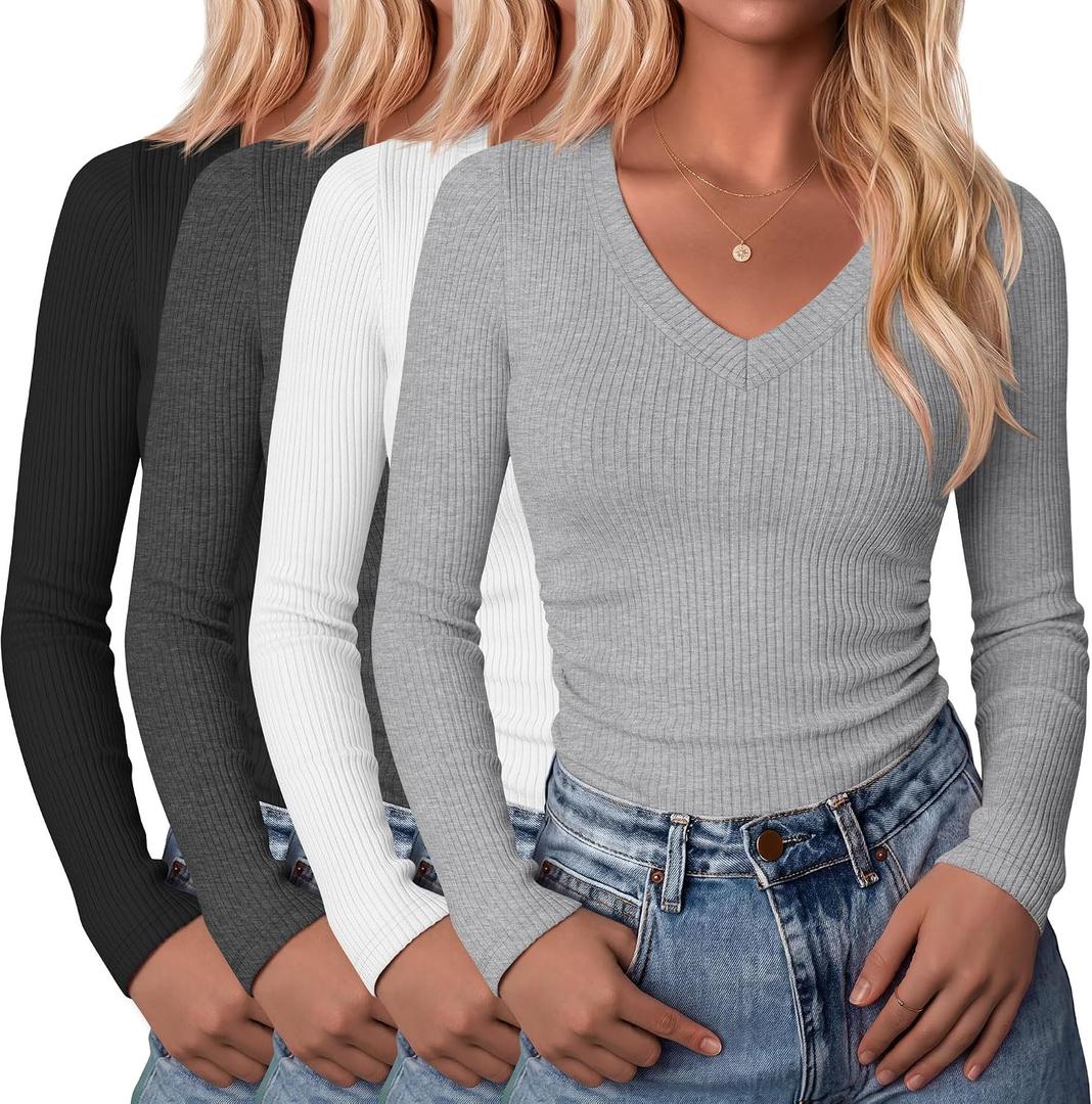 4 Pack Womens Cotton Ribbed Tops | V Neck, Slim Fitted, Layering, Fall, Basic, Knit, Soft, Long Sleeve, Comfy, Versatile, Trendy, Casual, Lightweight, Cozy (Gray, L)