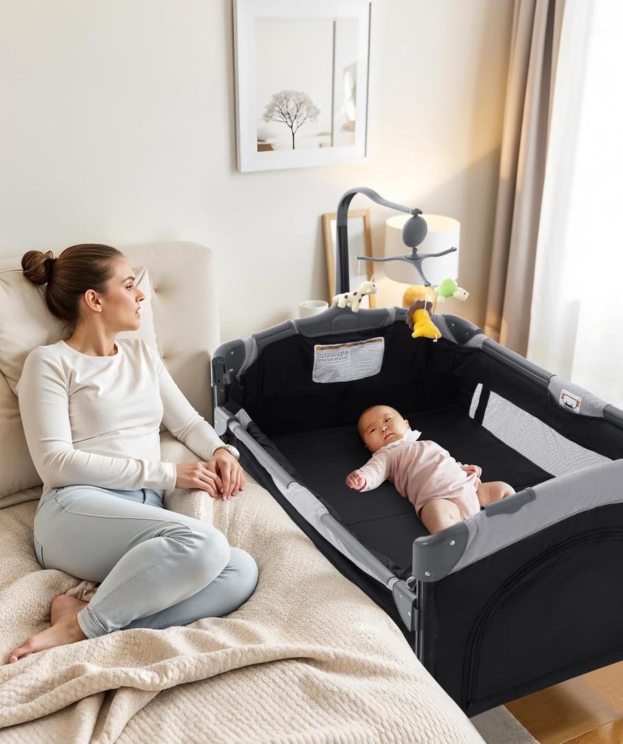 Soobaby 5 in 1 Baby Crib,Bedside Sleeper Bassinet,Pack and Play with Bassinet and Changing Table,Portable Travel Playpen Music Box,Portable Travel Crib for Infant Newborn (Black Gray)