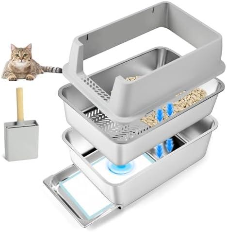 Bartuke Stainless Steel Litter Box, 23.6" L x 15.7" W Drawer Type Semi-Enclosed Cat Litter Box with Sifting Pan, Scoop for Big Cat Easy Cleaning