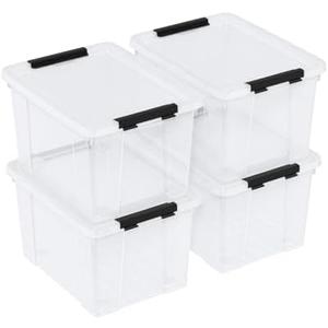 Knifefish 23 L Clear Plastic Storage Box with Lid and Wheels, 4 Packs | Stackable Lidded Storage Bin Container with Secure Latching Buckles