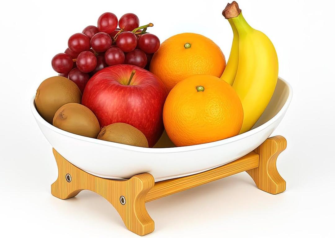 Fruit Bowl With Bamboo Wood Stand, Fruit&Vegetable Candy Dish Decor Basket for Kitchen CounterLarge Capacity Vegetable Storage Stand Snacks Rack Tray Plate Rack
