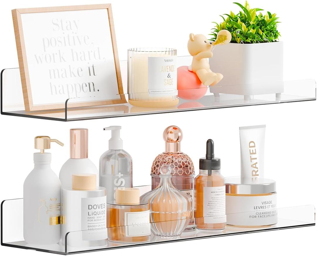 Yieach 2 Pack 15" Acrylic Shelves for Wall,Bathroom,Bedroom - with Adhesive - No Drilling Clear Floating Shelves for Funko Pop,Lego,Action Figures,Nail Polish,Perfume Shelf and Wall Storage & Display