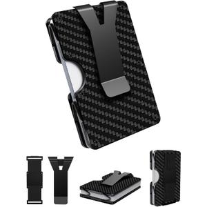 Minimalist Wallet for Men, Metal Wallet with Cash Strap and Money Clip, Mens Slim Credit Card Holder, Front Pocket Wallets, RFID Blocking, Carbon Fiber Aluminum - 12-22 Card Capacity