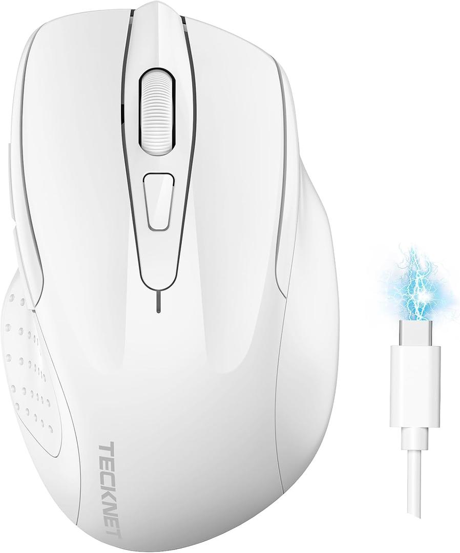 TECKNET Wireless Mouse (BT5.0/3.0 & 2.4G) Rechargeable 4800 DPI Silent USB A & Bluetooth Mouse 6 Buttons, Wide Compatibility - White
