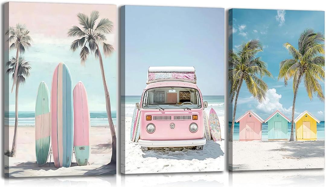 3pcs Framed Pink Coastal Canvas Wall Art Tropical Beach Poster Print Surfboard Palm Tree Van Picture for Beach House Bathroom Living Room Bedroom and More Home Decor 24x16in