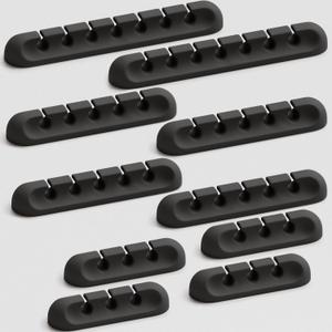 USB Cable Organizer Clips Cord Holder,10 Packs (3-5-7-Slots) Black Self Adhesive Desk Cord Cable Management