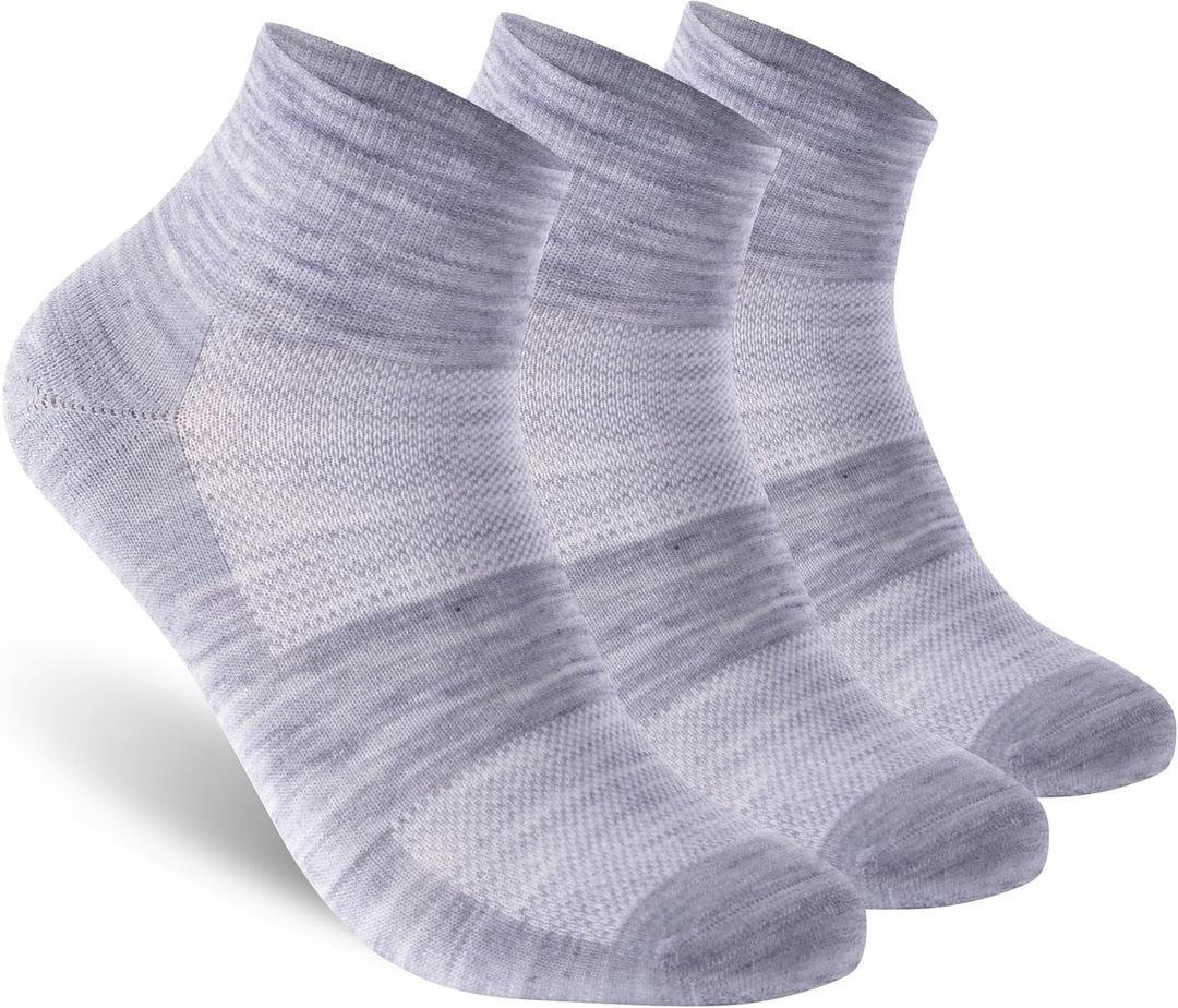 Merino Wool Ankle Socks, Men's Women's 90% Wool Athletic Thin Running Moisture Wicking Socks, 3 Pairs (Large, Light-grey)