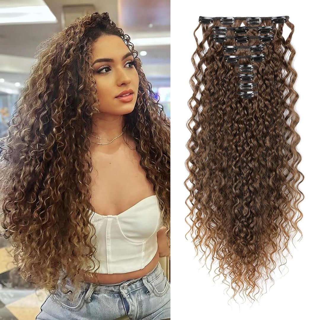 FLUFYMOOZ 9PCS Clip in Hair Extensions 22 Inch Curly Hair Extension Long Soft Synthetic Hairpieces for Women, Dark Brown to Caramel Brown