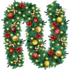6 FT Christmas Garland with Lights, Battery Operated Lighted Garland with Pine Cones Red Berries Lush Branches, 50 LED Lights 8 Modes, Christmas Decorations Mantle Fireplace Indoor Outdoor Home