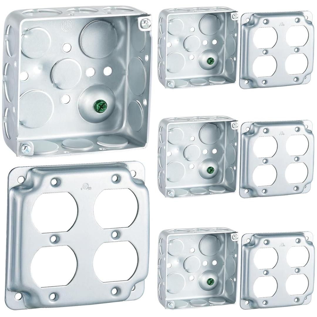 4 Set 4  4" Electrical Junction Box with Cover Electrical Metal Outlet Box, 21.0 Cu. in. Capacity Receptacle Exposed Work Cover, 1-1/2'' Deep(Double Duplex)