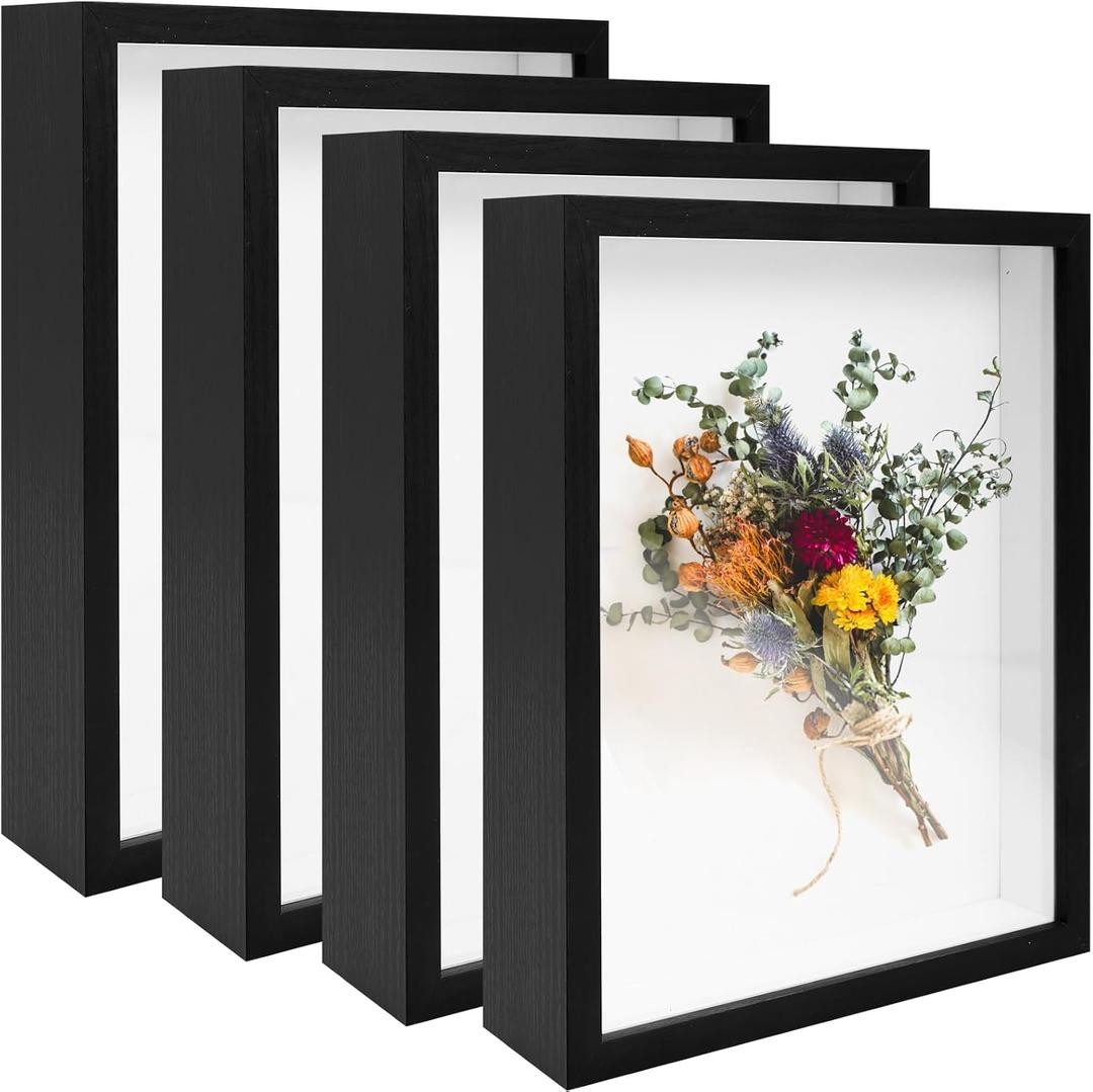4 Pack 8"x 10" Shadow Boxes Frame Display Cases Wood Deep Shadowbox for Photos, Dried Flowers, Handicrafts Picture Frames for Wall Tabletop (Black, 8x10)