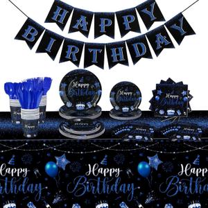 Vesici 171 Pcs Happy Birthday Party Supplies 24 Set Disposable Party Tableware include Plates Cups Napkins Cutlery and Banner Tablecloth Birthday Dinner Decorations for Men Woman(Black, Blue)