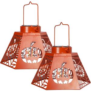 2-Pack 8.6" Halloween Solar-Powered Lanterns with Pumpkin Ghost Face Projection - Outdoor Jack-o'-Lantern Projection Lights, Waterproof Solar Stake Lights for Garden, Yard, Pathway Decor