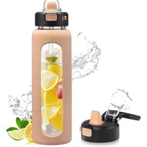 Kodrine 32 oz Glass Water Bottle with Straw and Carry Loop, One-Touch Leakproof Locking Lid, Reusable Drinking Bottle with Time Marker for Travel Home Gym Sports (Amber)