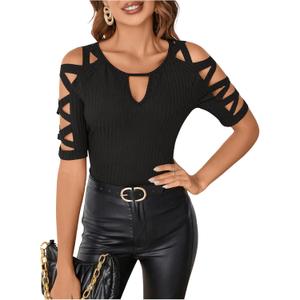 GORGLITTER Women's Cut Out Cold Shoulder Tees Top Criss Cross Half Sleeve Round Neck Ribbed Knit T Shirt (L)
