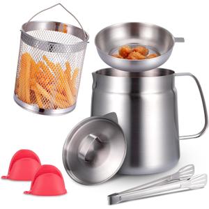 Oil Filter Pot with Basket, 68oz 304 Stainless Steel Fryer with Mesh Strainer and Basket, Includes Silicone Heat Resistant Gripper & Stainless Steel Tongs for Easy Cleaning
