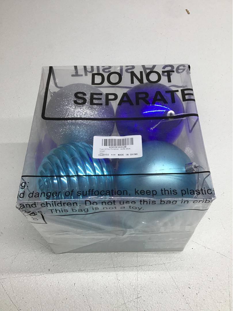 Poen 8 Pcs 4" Christmas Ball Ornaments Christmas Tree Hanging Decorations Xmas Plastic Shatterproof Colorful Ornaments Set with Rope for Holiday Party (Blue Silver)