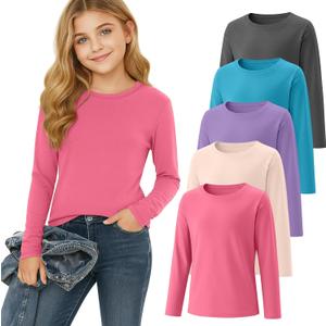 5 Pack Girls' Long Sleeve Shirts Kids Soft Crewneck Casual Loose Fit Layering Tops Basic Athletic Pullover Tee (3-4T, Apricot, Peach Pink, Lavender, Blue, Dark Gray)