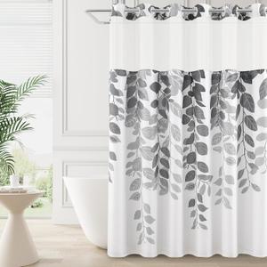 BOODII No Hook Shower Curtain with Snap in Liner Eucalyptus Shower Curtain Fabric Waterproof Liner Plants Gray Leaves Modern Shower Curtains for Bathroom Machine Washable, 72 x 75