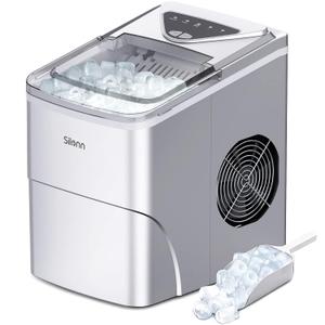 Silonn Ice Makers Countertop, 9 Cubes Ready in 6 Mins, 26lbs in 24Hrs, Self-Cleaning Ice Machine with Ice Scoop and Basket, 2 Sizes of Bullet Ice for Home Kitchen Office Bar Party, Sliver (Silver)
