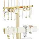 Jenseits 3-Tier Jewelry Holder Organizer:17.1" Adjustable Hanger, Velvet Ring Tray, Metal Aesthetic Display Stand for Necklaces, Earrings, Bracelets, Watches, Gold Jewelry Storage Tower Tree for Women