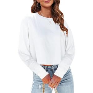 Tankaneo Womens Long Sleeve Crop Tops Loose Fit Fall Cropped Tshirt 2026 Crew Neck Casual Shirts (Medium, 01-white)