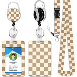 ID Badge Holder with Lanyard and Retractable Clip, Breakaway Lanyard for Name Badge Holder for Teacher Nurse Doctor School Student Office Gifts, Fashon Checkered, Brown