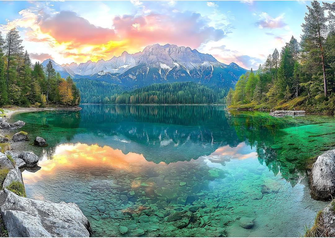 Eibsee Lake Jigsaw Puzzles 1000 Pieces Nature Landscape Puzzles for Adults 1000 Pieces with Letters on Back Hard Impossible Difficult Challenging Family Puzzle Mountain Scenery Lake Puzzles, 26.75 X 19.75 Inches