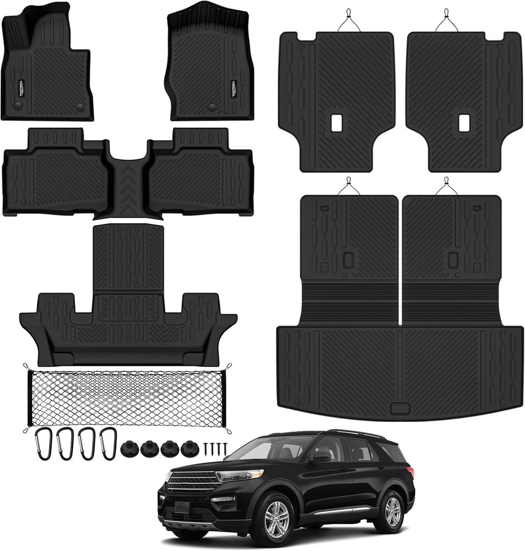 Tongama-Floor Mats for Ford Explorer 6 Seats 2020-2025 2026, All Weather TPE Trunk Mat with 2nd Row Backrest Mats Protectors and Cargo Net for Ford Explorer Floor Liner Accessories