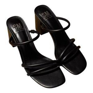 SM New York Block Heel Sandals Strappy Slip On Mules Minimalist Black, 10