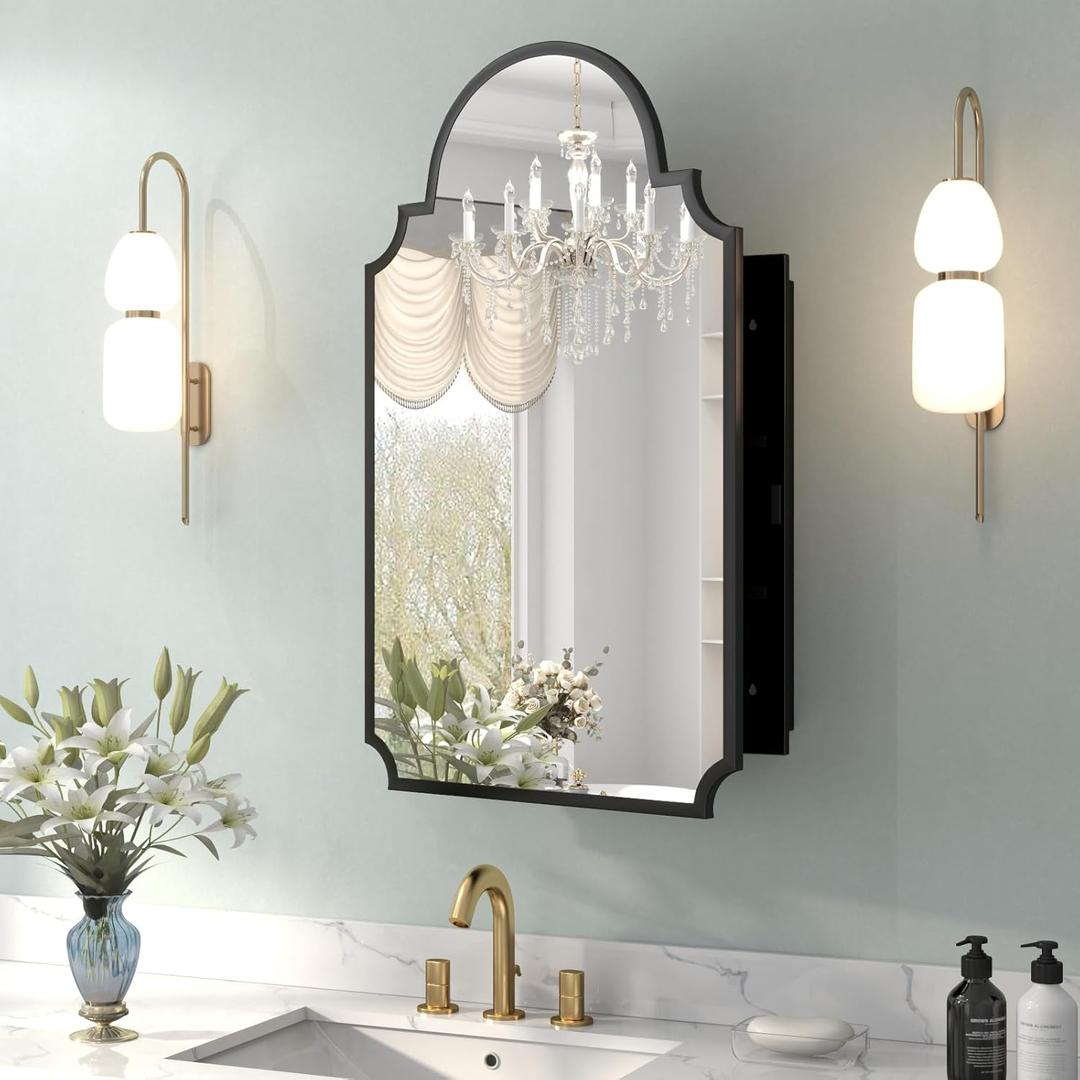 Black Decorative Medicine Cabinet Mirror, 20"x32" Recessed or Surface Mount Metal Irregular Medicine Cabinet for Bathroom, Elegant Curved Aesthetics Mirror with Storage, 2 Stable & Removable Shelves (Black-no Led - Left Open)