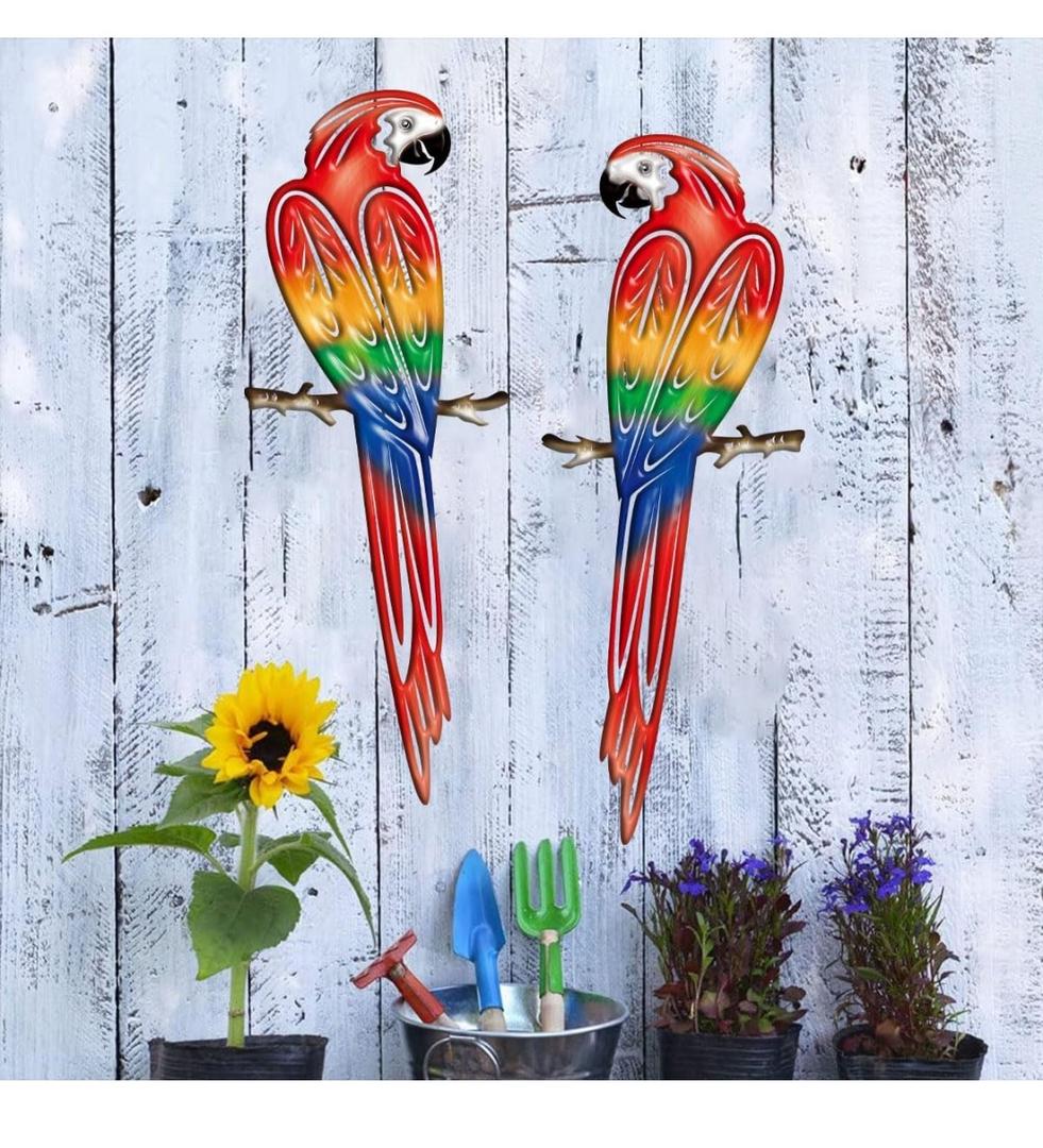 Metal Outdoor Wall Art Decor,3D Colorful Garden Birds Sculpture Outdoor Iron Hanging Parrot Decor, Metal Hand-Made Bird Wall Art Decorations for Fence Patio Balcony Living Room