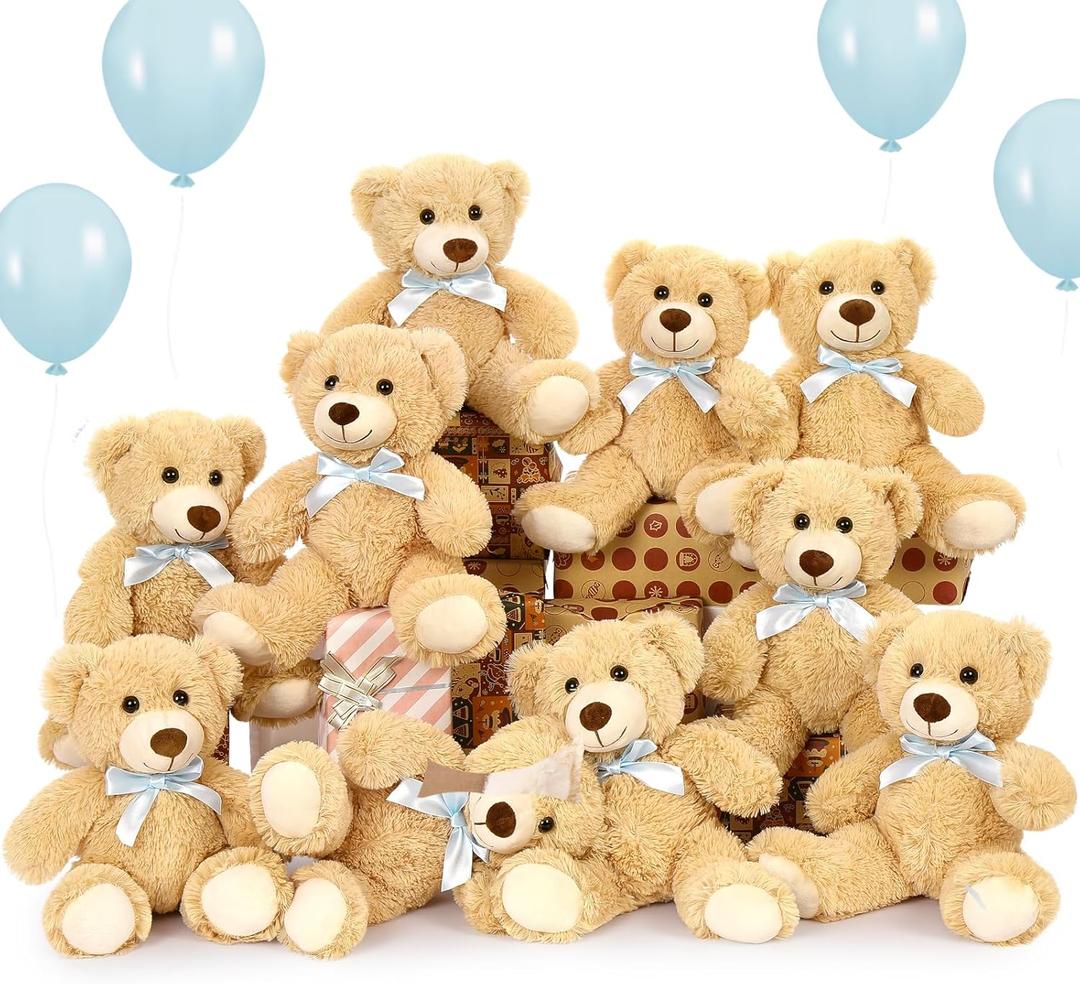 MorisMos 10-Pack Teddy Bear Bulk for Baby Shower, 14-inch Small Teddy Bear Stuffed Animal Plush Toy,Soft Bulk Stuffed Animal Wholesale for Baby Shower Centerpiece Decoration Birthday Party Favors, Brown