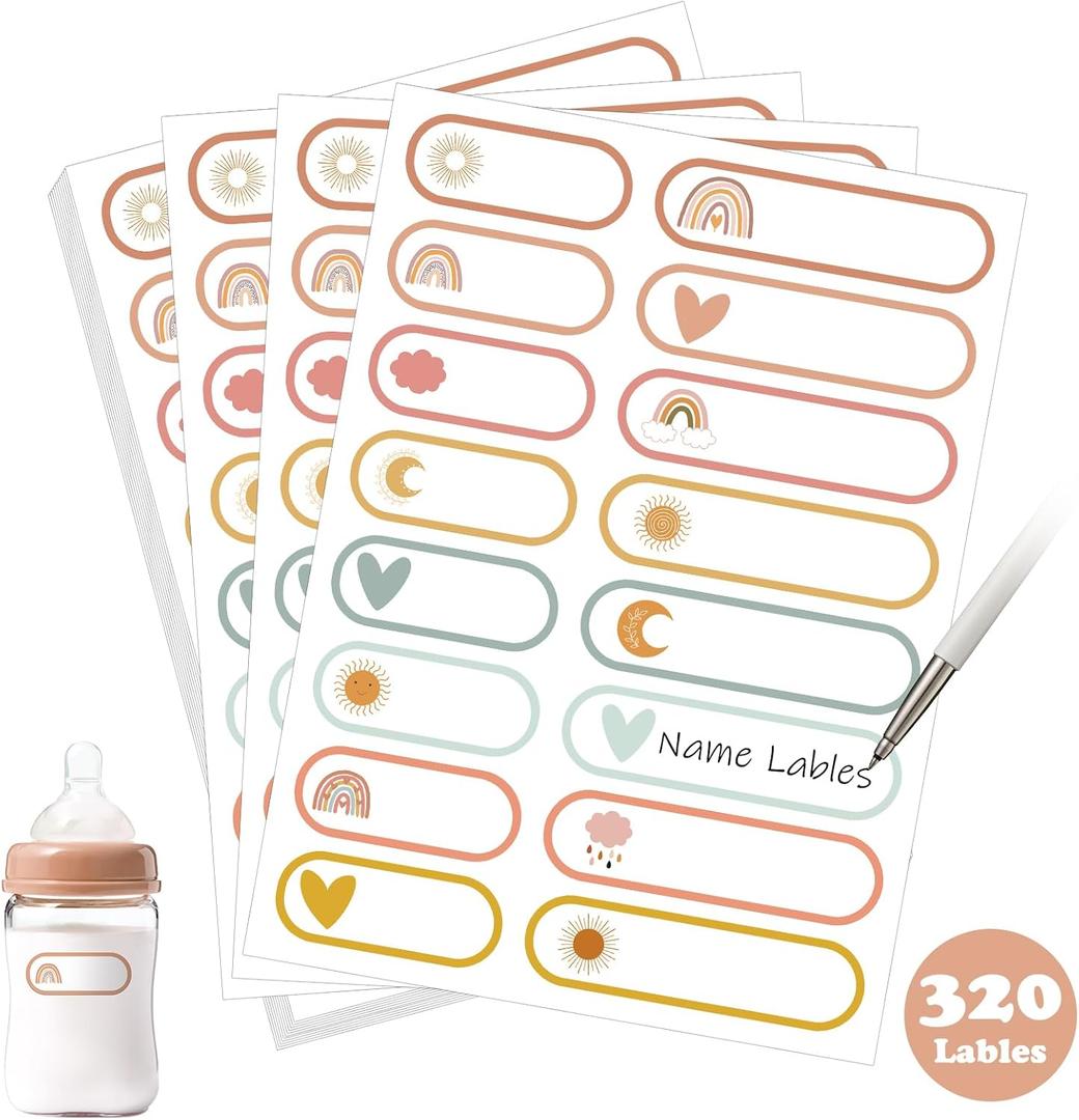 320 Pcs Baby Bottle Labels for Daycare, Name Labels for Daycare Essentials, Self Laminating, School Name Stickers for Kids Waterproof Food Milk Stickers Self Adhesive Tags(Boho)