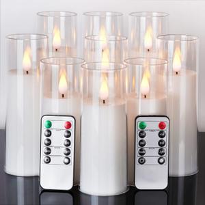 Amagic Magic Pure White Flameless Candles, Battery Operated Candles, Acrylic Flickering LED Pillar Candles with Remote Control and Timer, 3D Wick, Yellow and Blue Glow, D2.2 xH5.5 6.5" 7.5", Set of 9