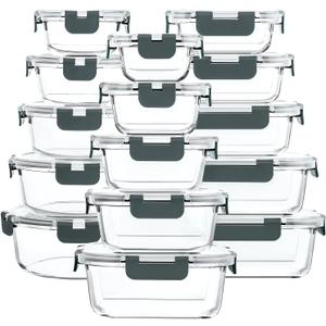 M MCIRCO 30 Pieces Glass Food Storage Containers with Snap Locking Lids,Glass Meal Prep Containers Set - Airtight Lunch Containers, Microwave, Oven, Freezer and Dishwasher, Gray15pcs