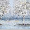 NdcSkyArt Blue Grey Tree Paintings Hand Painted Canvas Wall Art with Gold Foil Modern Abstract Grey Contemporary Rustic Farmhouse Family Tree Landscape Pictures Scenery Artwork, 32"L x 16"W