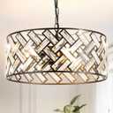 16" Drum Crystal Chandelier, Modern Black Pendant Light with Adjustable Chain, 3-Light E26 Fixture for Dining Room, Bedroom, Hallway & Foyer, Bulbs Not Included