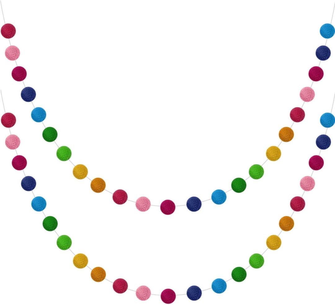 Boao 2 Pieces Wool Felt Ball Garland Colorful Pom Pom Garland Handmade 6.5 Feet Long 24 Balls Felt Banner for Wall Christmas Tree Decoration (Rainbow)