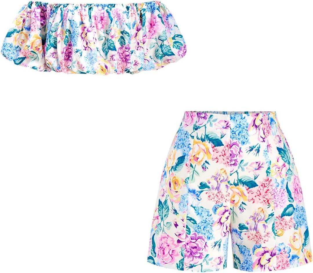 Women's 2 Piece Beach Vacation Outfits Boho Floral Off The Shoulder Crop Top and Shorts Set, Size Large