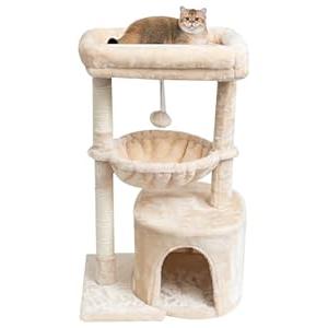 SYANDLVY Small Cat Tree for Indoor Cats, Kittens Condo with Scratching Post and Board, Modern Activity Tower with Cradle, Beige