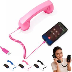 Retro Phone Handset, Retro Phone Handset for Phone, Type-C Retro Telephone Wired Handsets Style Landline Handle Receiver for Cell Mobile Video Conferences, Calls and Meetings (Pink)