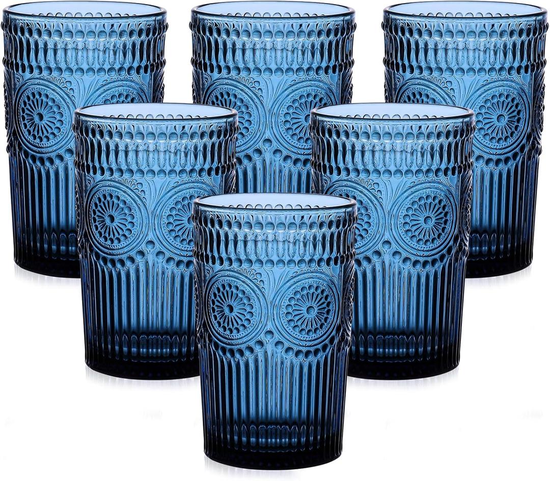 Vintage Glassware Drinking Glasses Set of 6,13 oz Blue Textured Flower Design Glass Water TumblersEmbossed Striped Drinkware for Water,Cocktails,Juice,Iced Coffee