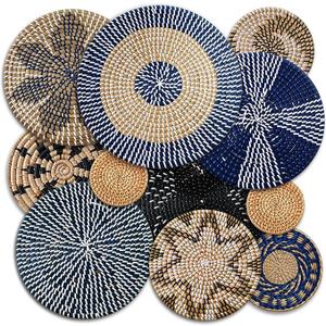 Tatuo 11 Pcs Boho Wall Basket Decor Decorative Bulrush Woven Basket Wall Decor Art Round Farmhouse Hanging Baskets for Kitchen Rustic Home Summer Decorations, Multi Sizes (Blue)