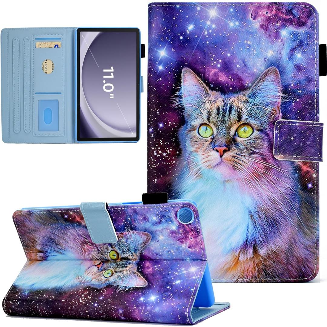 Case for Samsung Galaxy Tab A11+ Plus/A9+ Plus 11 Inch 2026/2024, Cute PU Leather Stand Protective Cover for Galaxy Tab A11+/A9+ Tablet, Auto Wake/Sleep - Space Cat