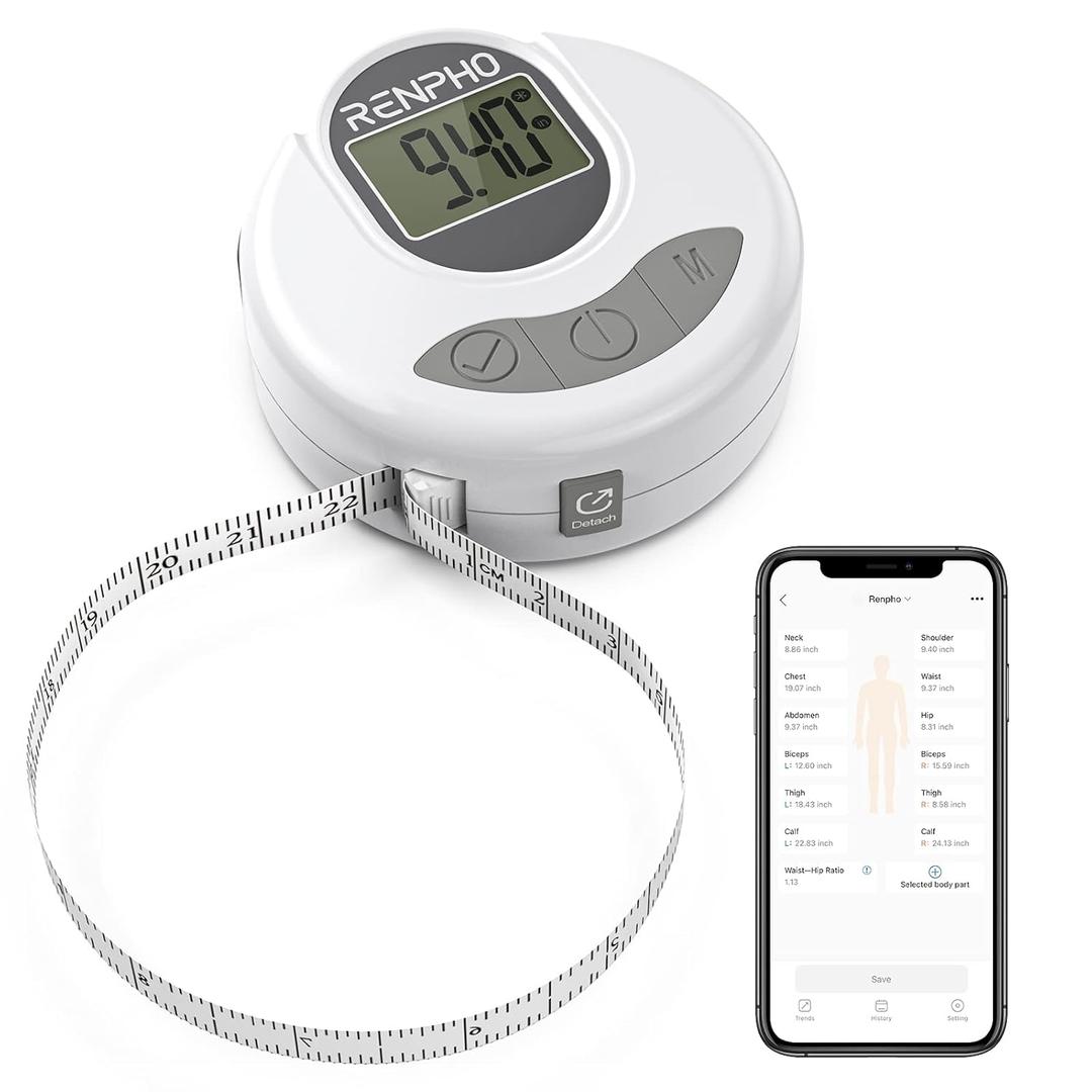 RENPHO Body Measuring Tape, Bluetooth Smart Tape Measure with Lock Hook & Retractable Function, Accurate Body Fat Measurement Device for Weight Loss, Muscle Gain, Fitness Bodybuilding, 60in /150cm