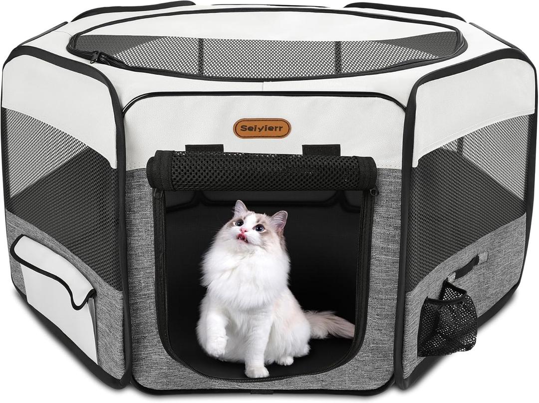 Dog Playpen, Portable Pet Play Pen Foldable Carrying Case, Puppy Pens Outsid for Small Cat Indoor/Outdoor, Removable Mesh Shade Cover (Grey)
