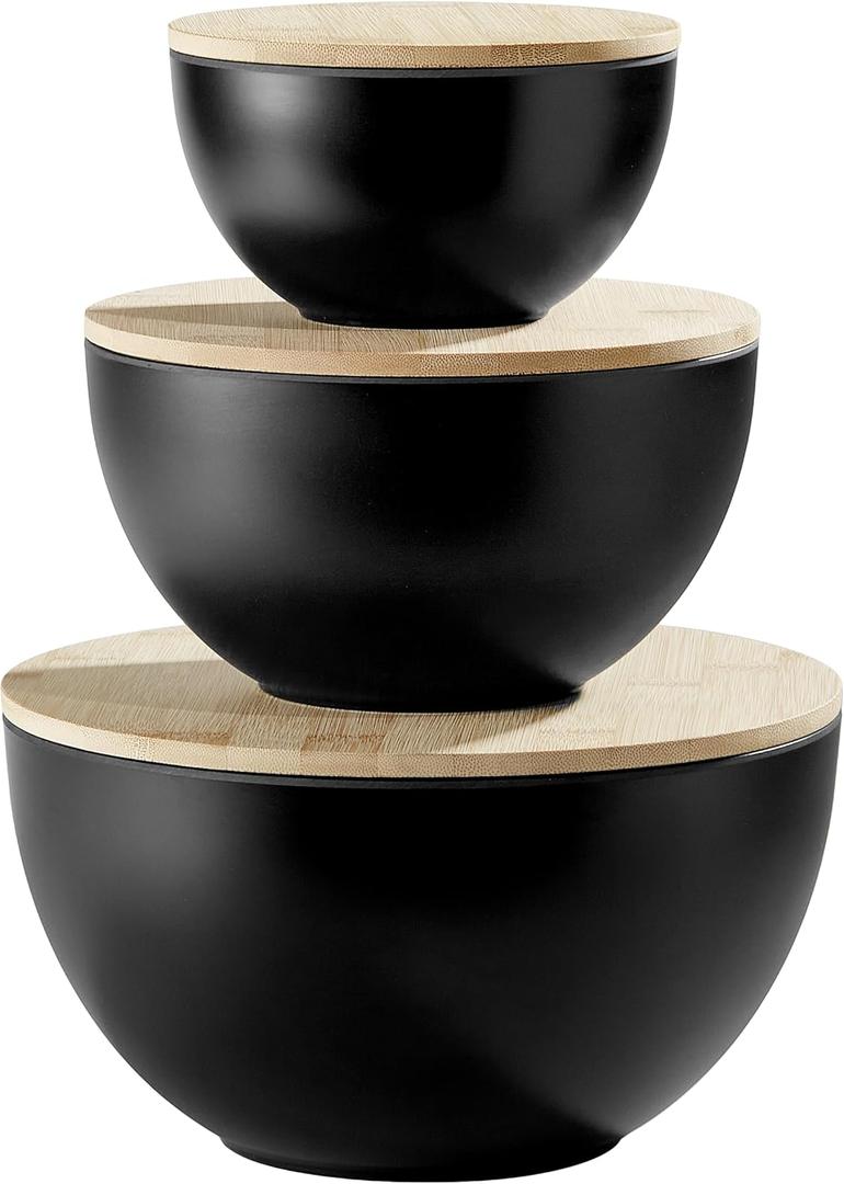 JOYMAY Salad Bowl with Lid, Mixing Bowl Salad Bowl Set, Natural Bamboo Fiber Serving Bowl Set of 3 with Bamboo Wood Lid, Nesting Bowls for Salads,Pastas(Black,10",8",6"), Large