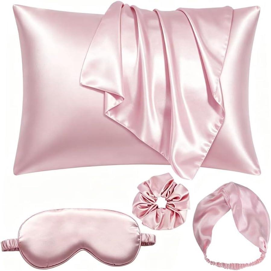 Satin 5-Piece Pillow Cover Sleep Mask Set Silky Pillowcase Eye Mask Scrunchies Set Pillowslip Blindfold with Headband Eye Patch Gift Set for Men Women (Pink)